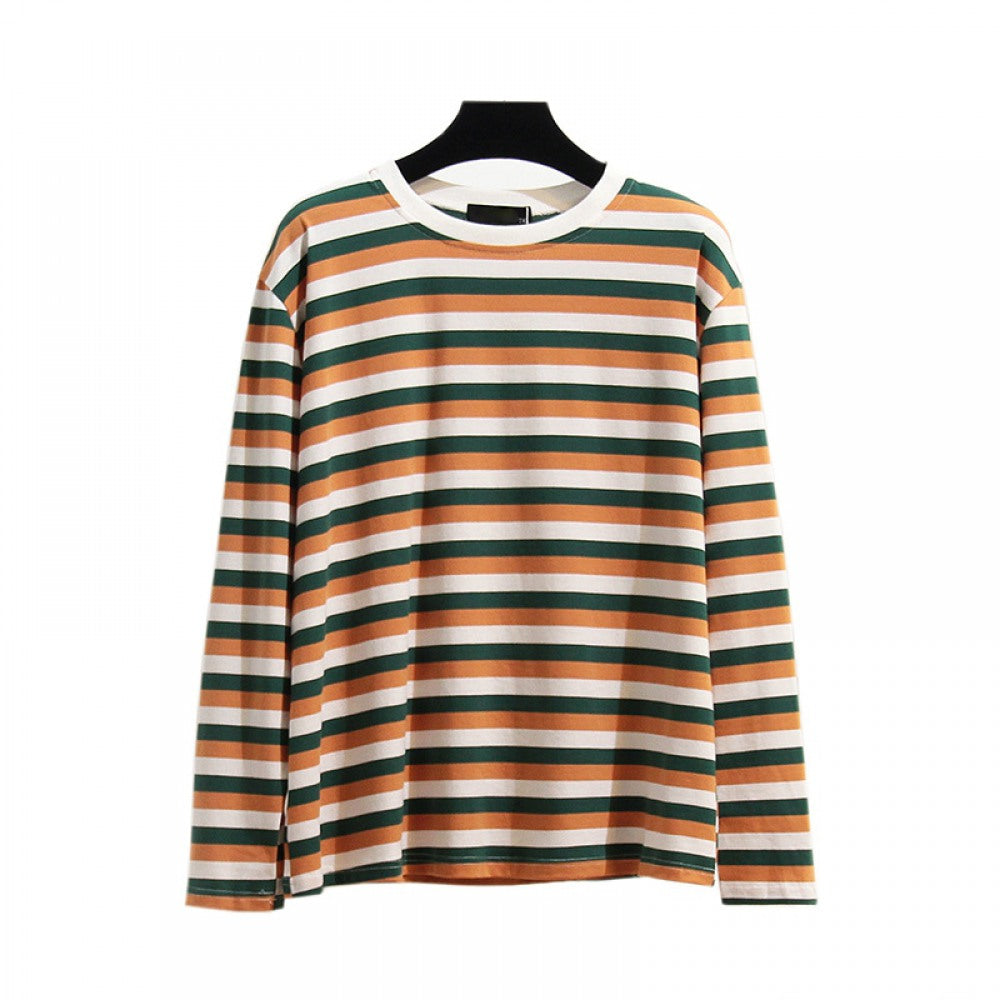 Large Size Women's Striped T-Shirt Fat Fashion Thin Color Striped Bottoming Shirt