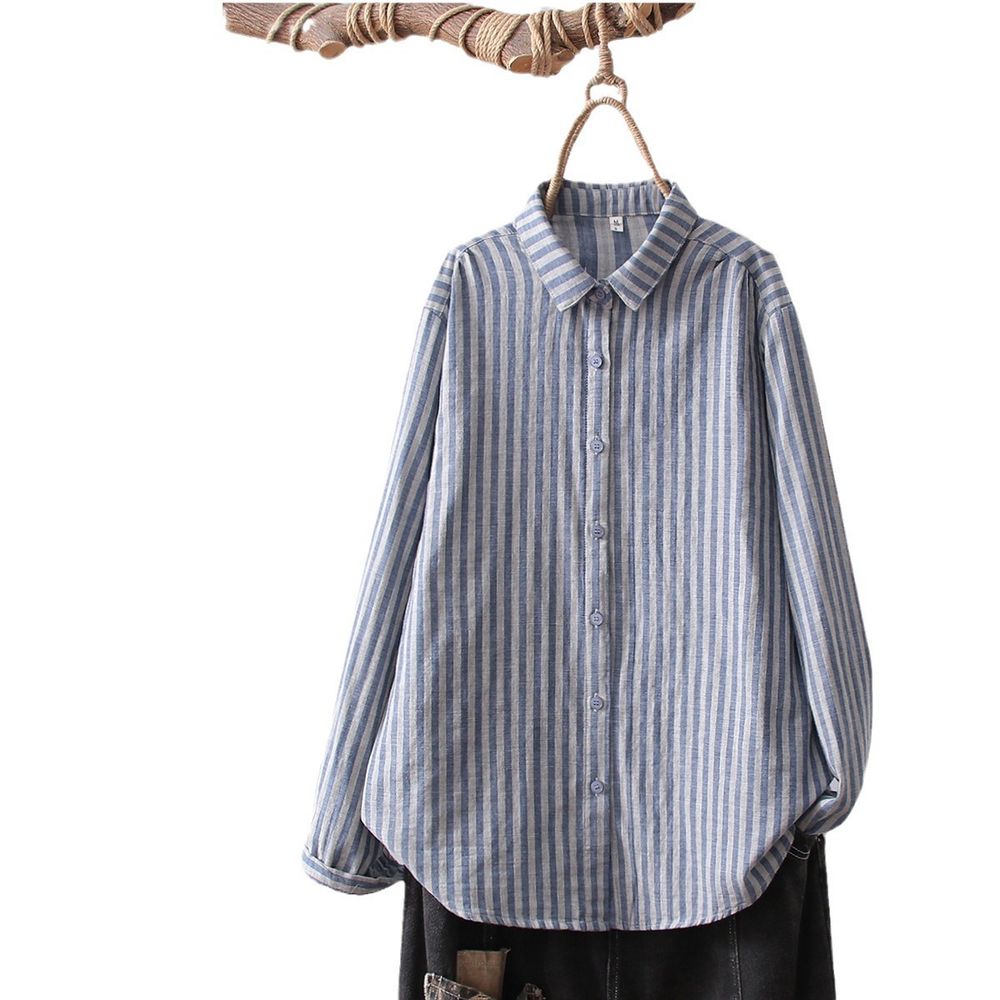 Women's Literary Casual Lapel Striped Double-Layer Cotton Gauze Long Sleeve Shirt