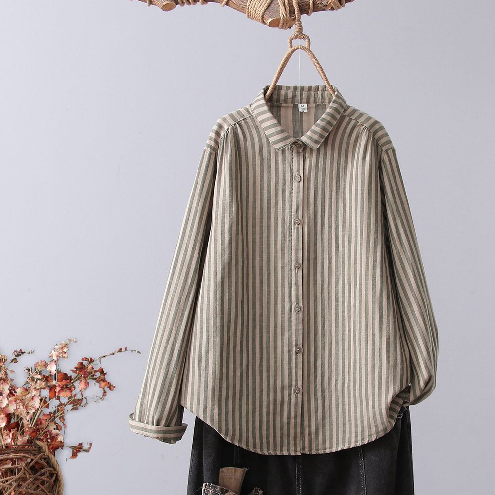 Women's Literary Casual Lapel Striped Double-Layer Cotton Gauze Long Sleeve Shirt